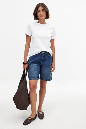 Mid Blue Mid Waist Wide Denim Shorts