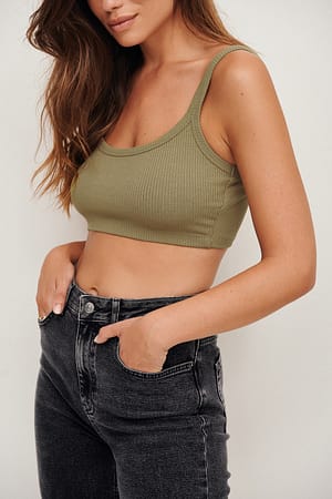Khaki Brown Geripptes-Crop-Top