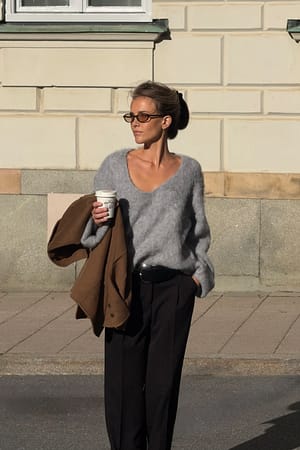 Light Grey Oversized strikket genser i alpakka-blanding med rund hals