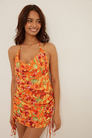 Big Flower Print Drawstring Side Halterneck Mini Dress