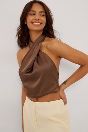 Brown Twist Front Satin Top
