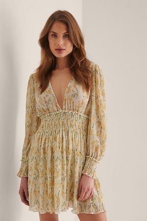 Yellow Flower Structured Smock Waist Dress