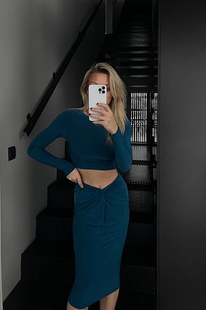 Teal Draped Knot Detail Midi Skirt