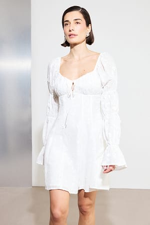 White Embroidered Ruched Sleeve Mini Dress