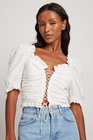 White Baumwoll-Top mit Anglaise-Detail