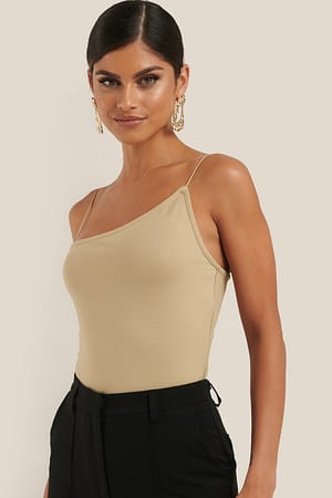 Beige Asymmetric Spaghetti Strap Top