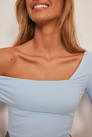 Dusty Light blue Asymmetric Shoulder Rib Top