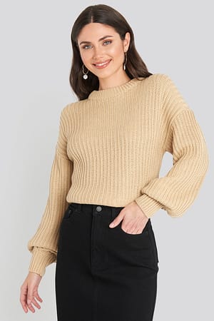 Light Beige Balloon Sleeve Round Neck Sweater