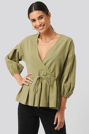 Khaki Balloon Sleeve Drawstring Blouse