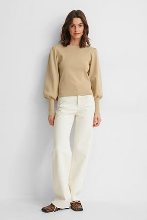 Light Beige Balloon Sleeve Knitted Sweater