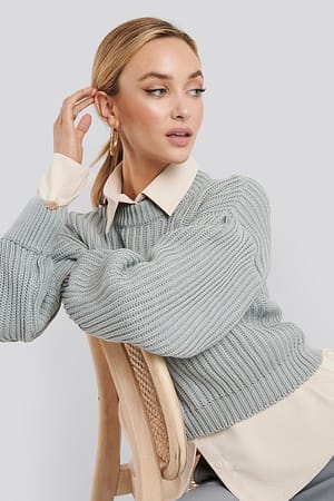 Grey Balloon Sleeve Round Neck Sweater