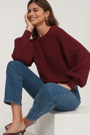 Burgundy Balloon Sleeve Round Neck Sweater
