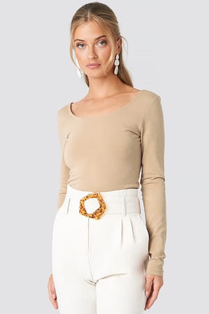Beige Basic Fitted LS Top