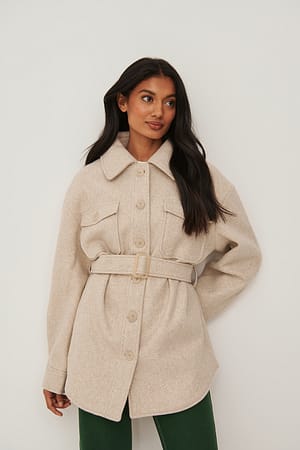 Beige Belted Chest Pocket Jacket