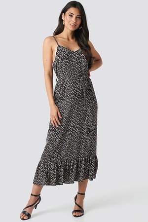 Black Belted Flounce Midi Dress