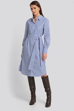 Blue/White Belted Midi Shirt Dress