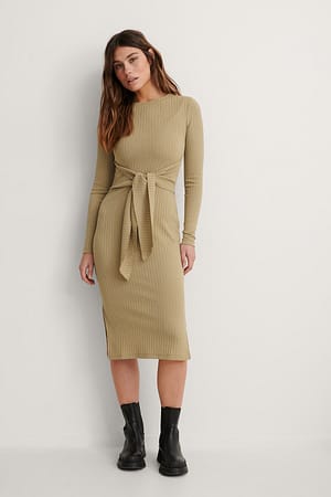 Beige Gerecycleerde Jurk met split en riem