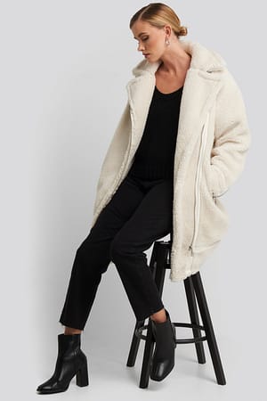 Offwhite Biker Long Teddy Coat