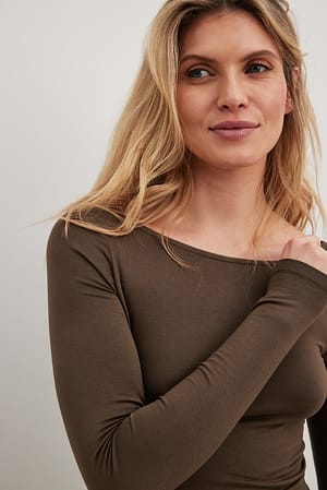 Brown Boat Neck Long Sleeve Top
