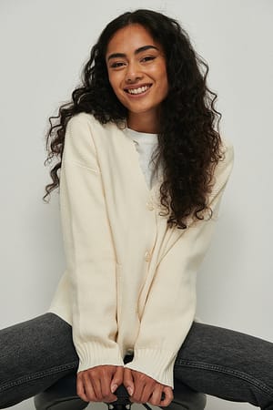Offwhite Boxy Knitted Pocket Cardigan