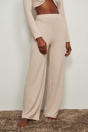 Beige Melange Brushed Straight Leg Pants