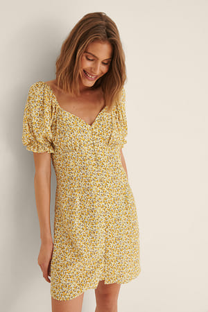 Yellow Print Prairie miniklänning med knappar