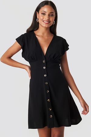 Deep Black Button Up Mini Dress