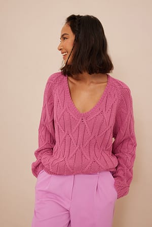 Pink Cable Knit V-Neck Sweater