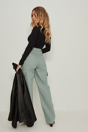 Khaki Organische cargo jeans met wijde pijpen