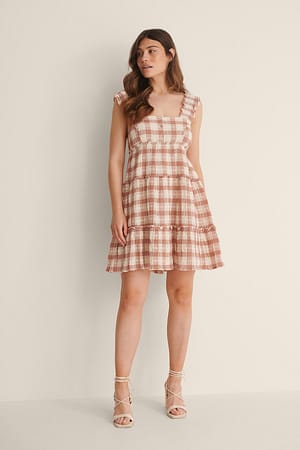 Red/White Check Kariert Minikleid Mit Einem Rüschenrock