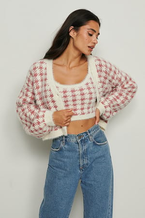 Pink/White Karierte Strickjacke