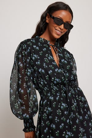 Bluegrey Blossom Pattern Midi-chiffonjurk