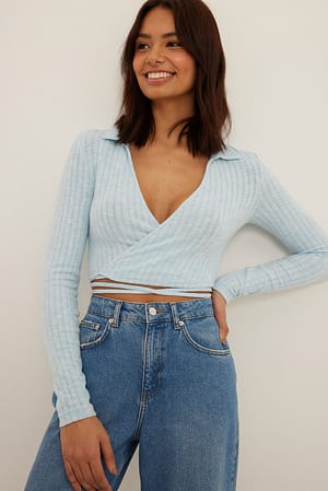 Blue Melange Collar Detail Wrap Crop Top