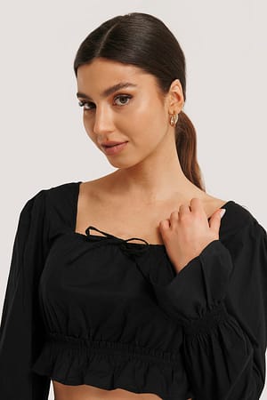 Black Cotton Square Neck Bow Blouse