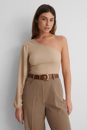 Beige Crepe One Shoulder Top