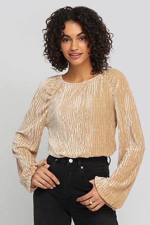 Champagne Crinkle Velvet Balloon Seeve Top