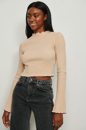 Beige Organic Cropped Babylock Trumpet Sleeve Top