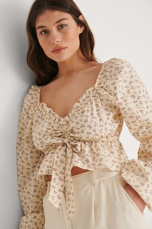 Small Purple Flowers Cropped Drawstring Blouse