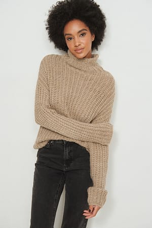 Beige Cropped Knitted High Neck Sweater