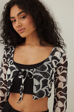 Black Print Cropped Knot Mesh Top