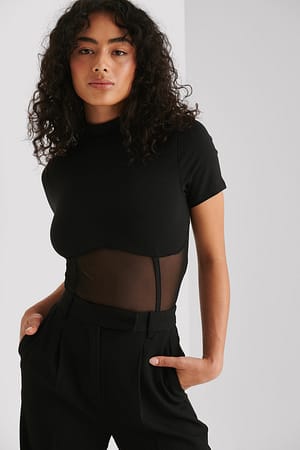 Black Cropped Mesh Detail Top
