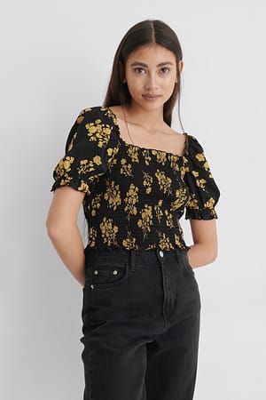 Black Flower Print Kort Smock-Topp