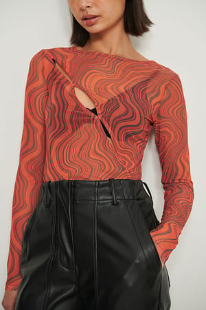 Orange Print Cut Out Detail Mesh Top