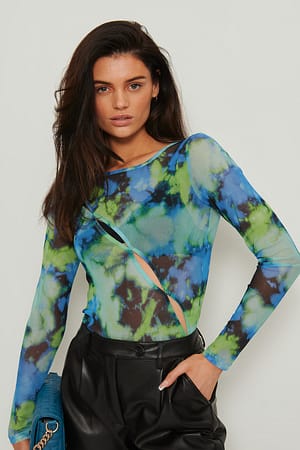 Tie Dye Cut Out Detail Mesh Top