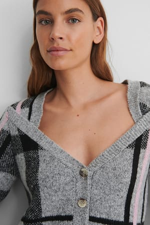 Checked Deep Neck Cardigan