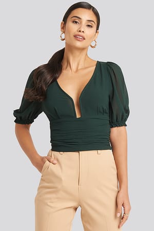 Dark teal Deep Neck Wrap Waist Top