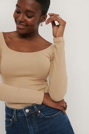 Light Beige Deep Round Neck Ribbed Top