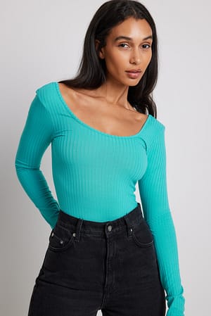 Turquoise Deep Round Neck Rib Top