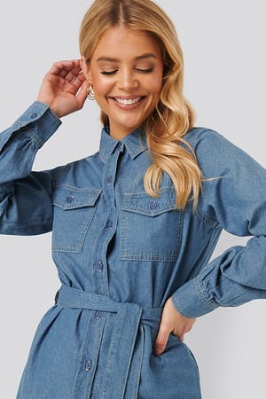 Mid Blue Denim Belted Shirt