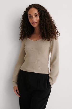 Light Beige Detailed Neckline Knitted Sweater